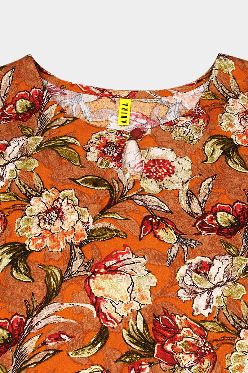 Women's Cotton Blend Mustard Floral Printed Regular Fit Kurta