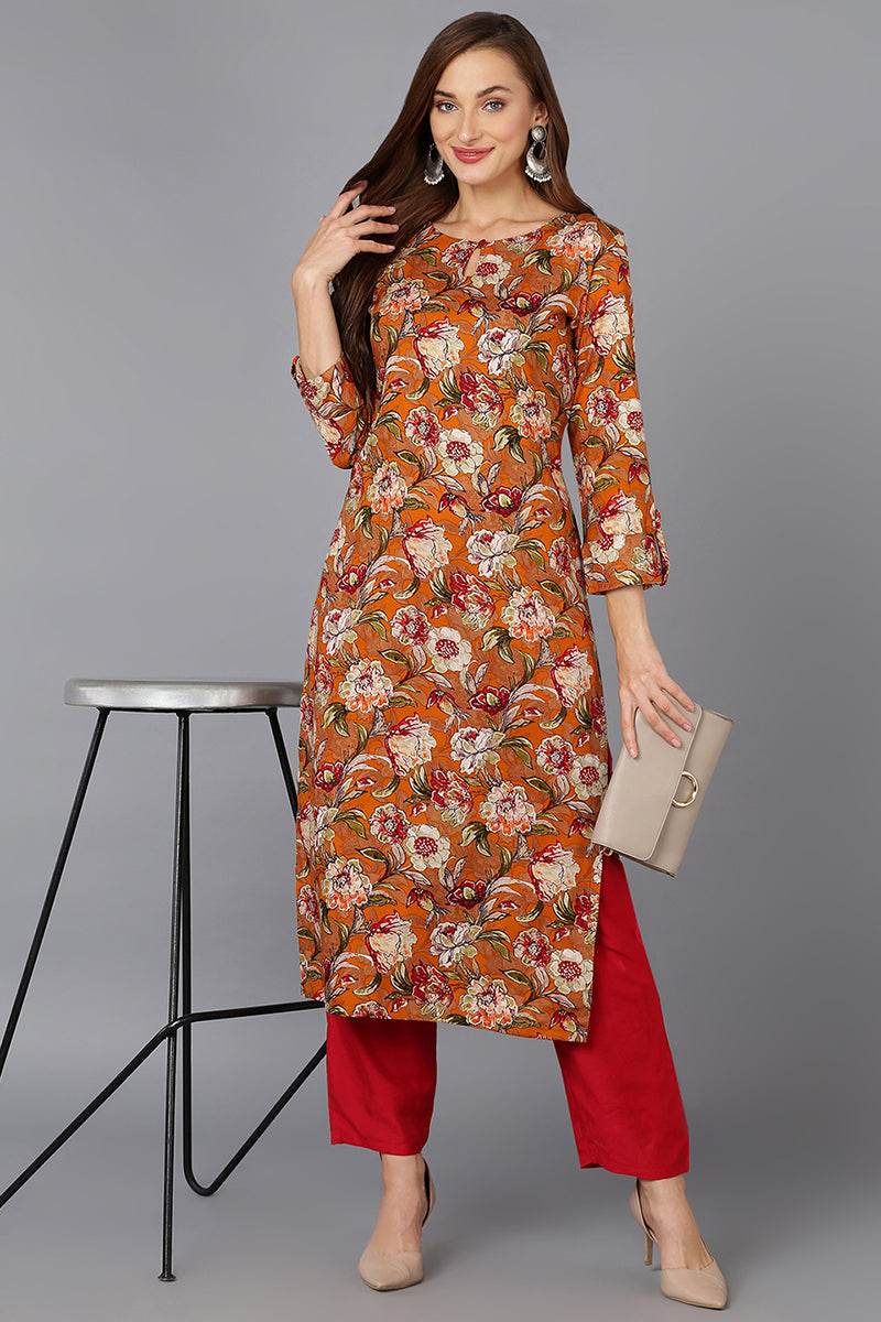 Women's Cotton Blend Mustard Floral Printed Regular Fit Kurta
