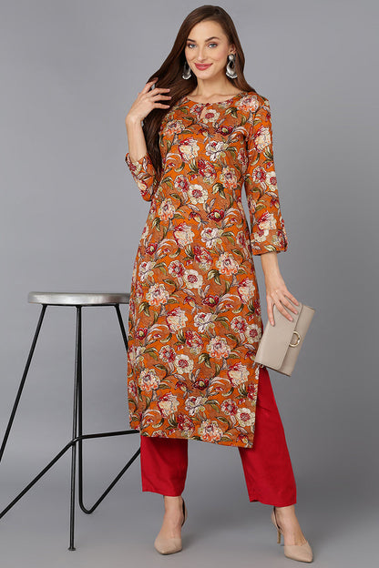 Women's Cotton Blend Mustard Floral Printed Regular Fit Kurta