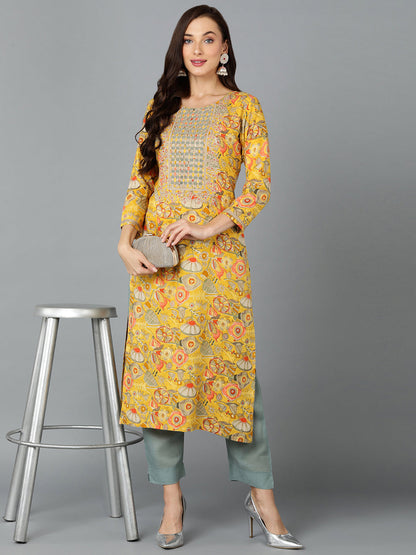 Women's Viscose Rayon Chrome Yellow Printed Regular Fit Kurta