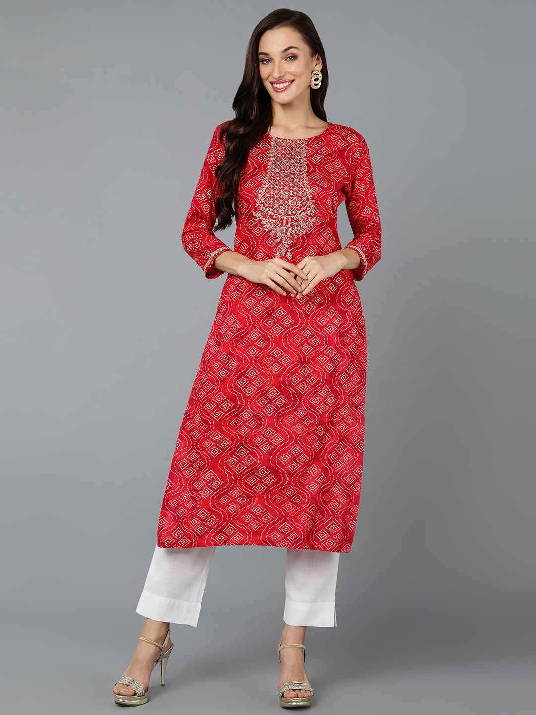 Women's Viscose Rayon Red Bandhani Print Regular Fit Kurta