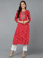 Women's Viscose Rayon Red Bandhani Print Regular Fit Kurta