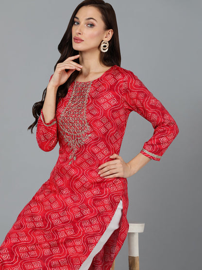 Women's Viscose Rayon Red Bandhani Print Regular Fit Kurta