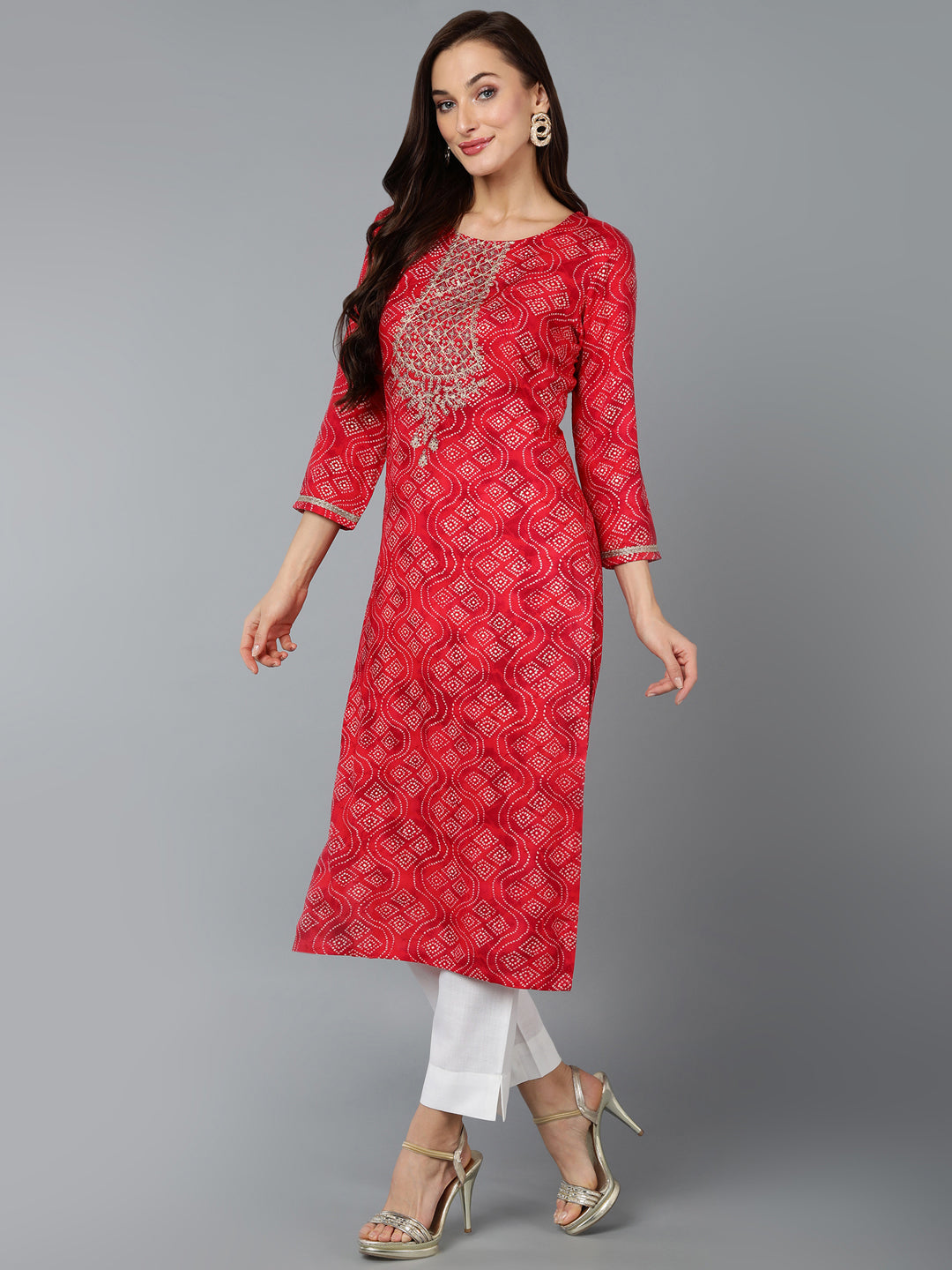 Women's Viscose Rayon Red Bandhani Print Regular Fit Kurta