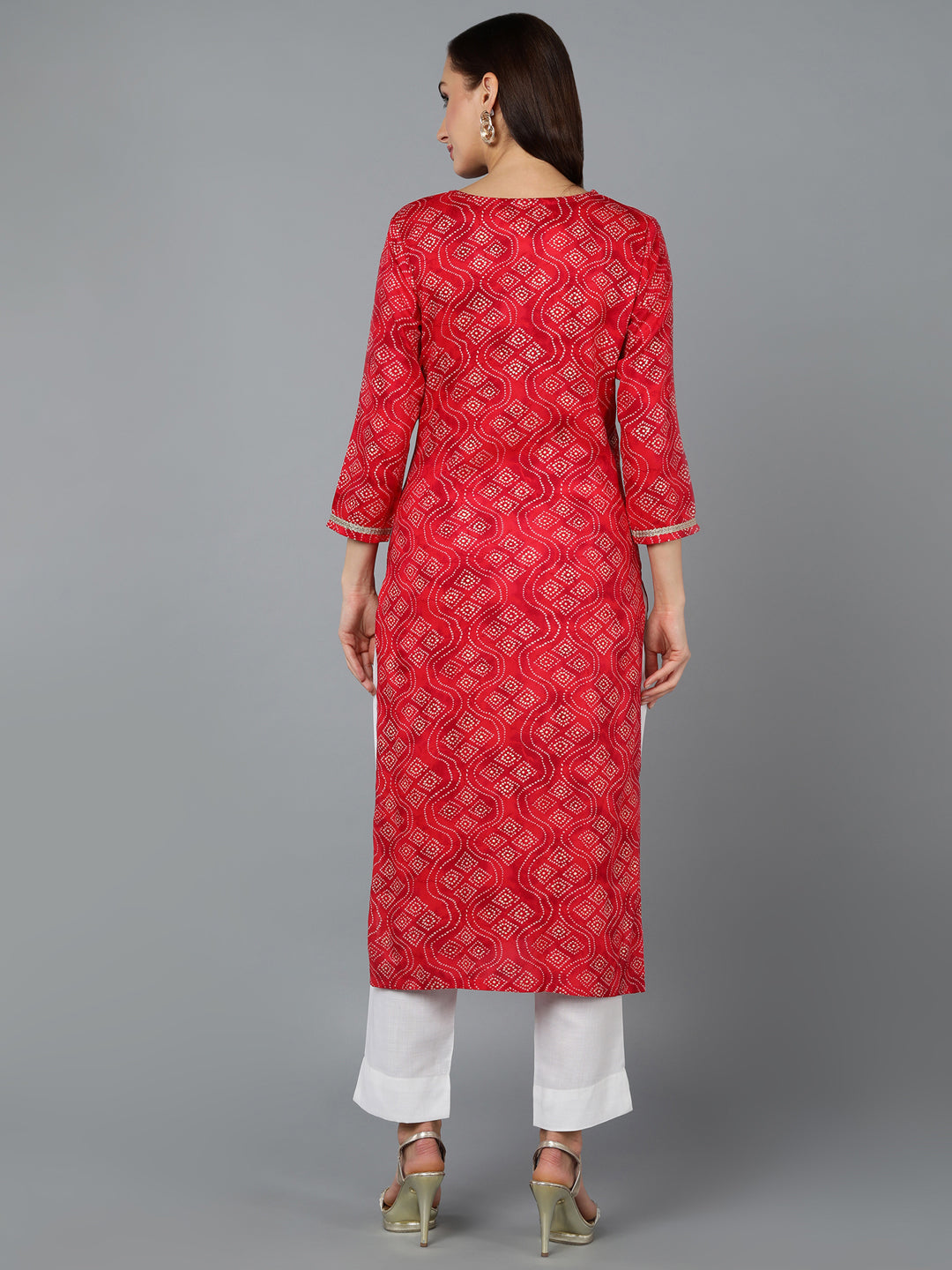 Women's Viscose Rayon Red Bandhani Print Regular Fit Kurta