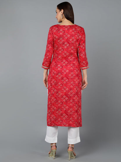 Women's Viscose Rayon Red Bandhani Print Regular Fit Kurta