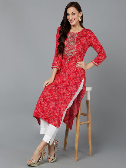 Women's Viscose Rayon Red Bandhani Print Regular Fit Kurta
