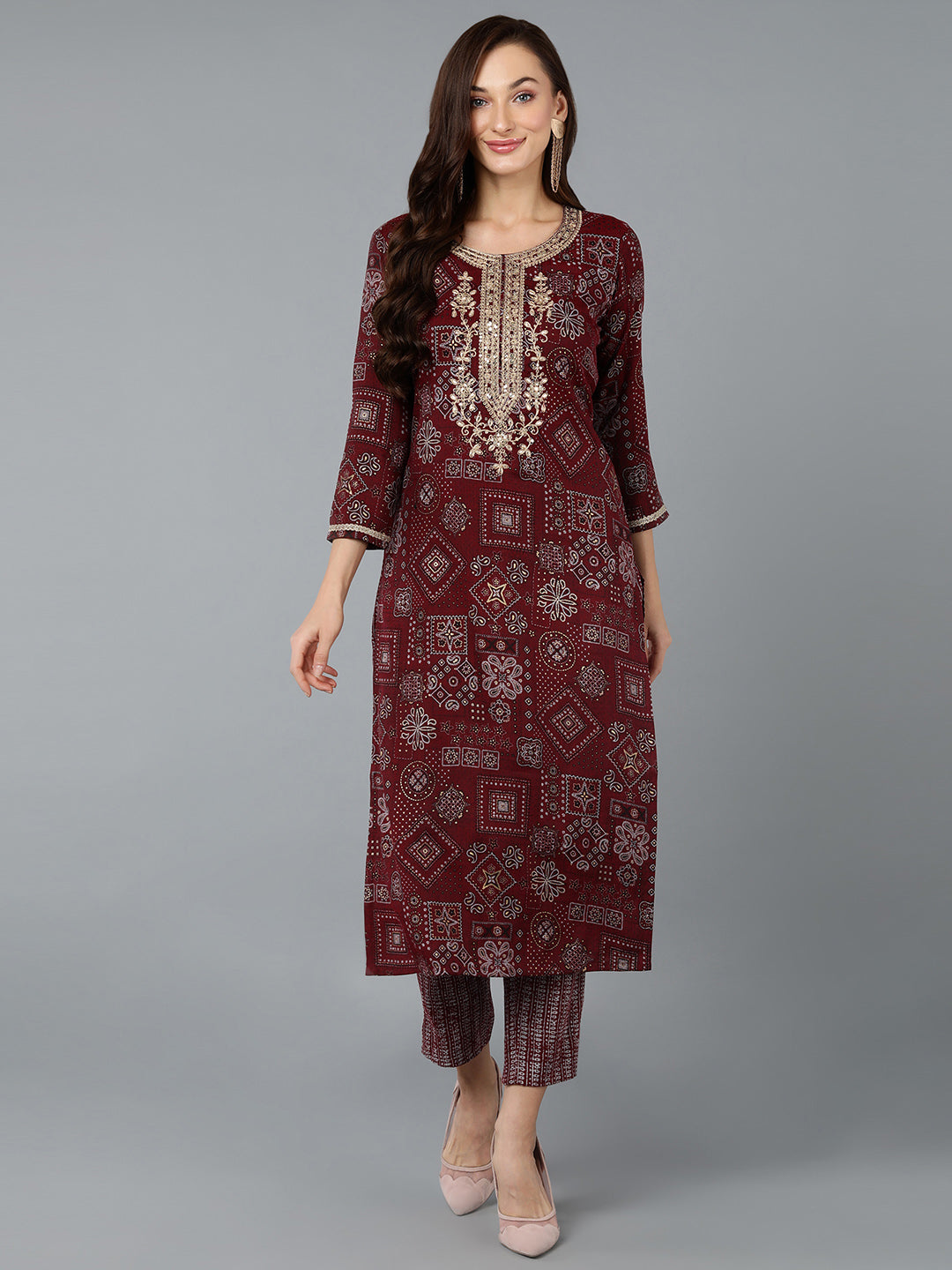 Women's Silk Blend Maroon Printed Regular Fit Kurta