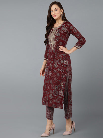 Women's Silk Blend Maroon Printed Regular Fit Kurta