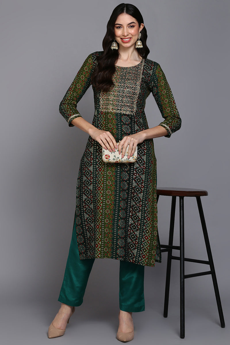 Women's Viscose Rayon Green Bandhani Printed Regular Fit Kurta