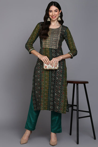 Women's Viscose Rayon Green Bandhani Printed Regular Fit Kurta