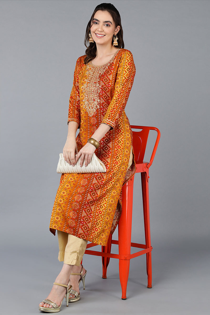 Women's Viscose Rayon Yellow Bandhani Printed Regular Fit Kurta