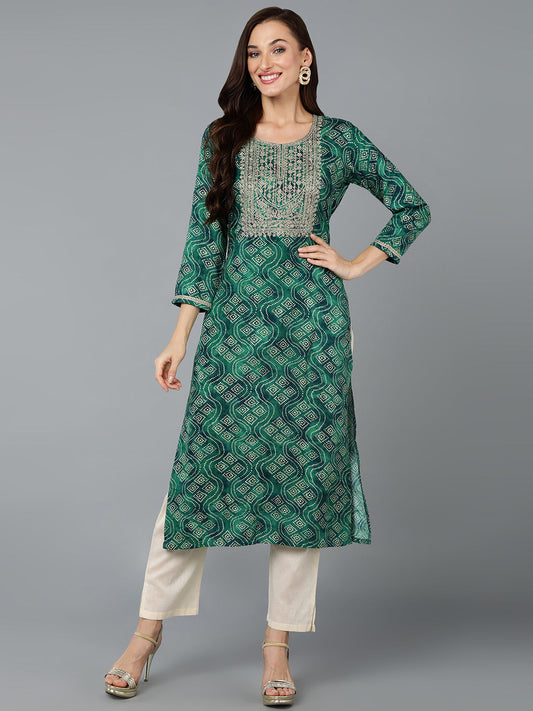 Women's Viscose Rayon Green Bandhani Print Regular Fit Kurta