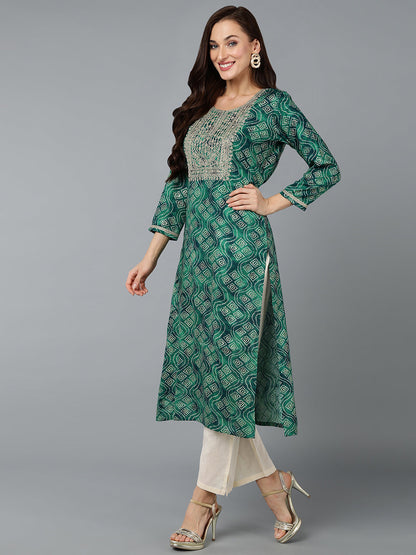 Women's Viscose Rayon Green Bandhani Print Regular Fit Kurta
