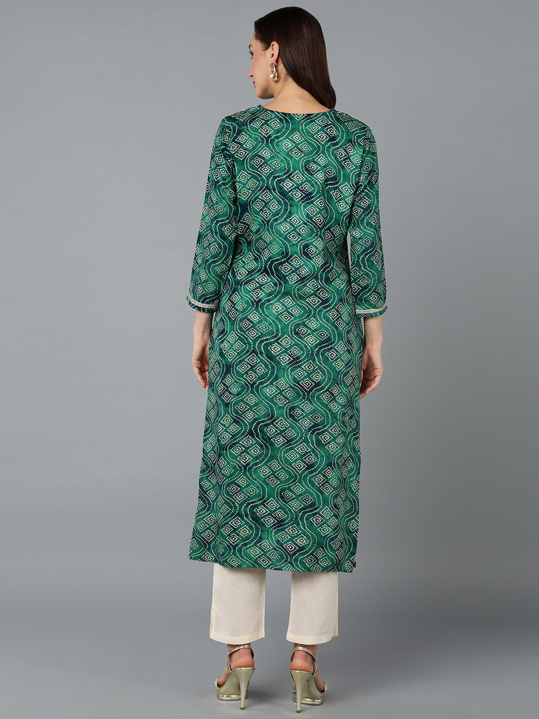 Women's Viscose Rayon Green Bandhani Print Regular Fit Kurta