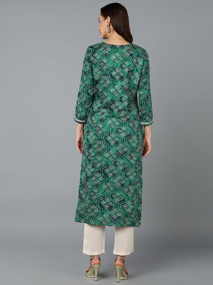 Women's Viscose Rayon Green Bandhani Print Regular Fit Kurta