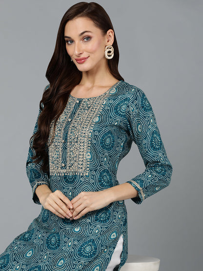 Women's Viscose Rayon Teal Blue Printed Regular Fit Kurta