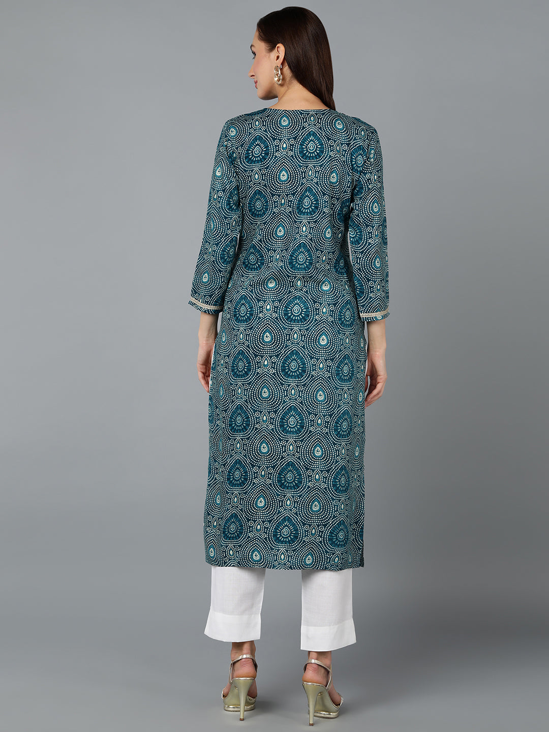 Women's Viscose Rayon Teal Blue Printed Regular Fit Kurta
