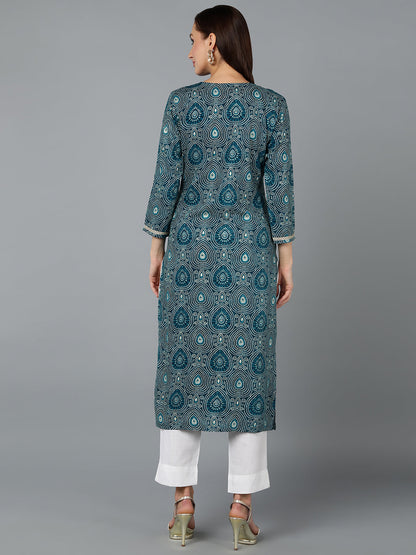 Women's Viscose Rayon Teal Blue Printed Regular Fit Kurta