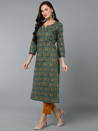 Women's Cotton Green Paisley Printed Regular Fit Kurta