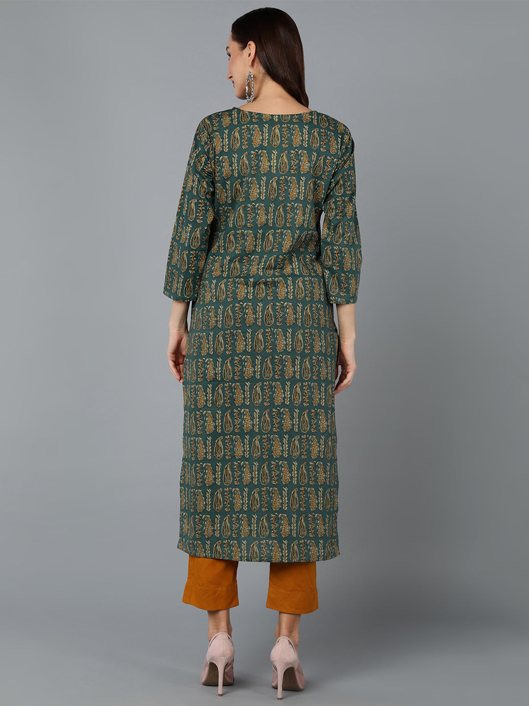 Women's Cotton Green Paisley Printed Regular Fit Kurta
