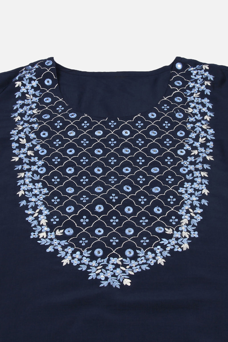 Women's Silk Blend Blue Embroidered Regular Fit Kurta