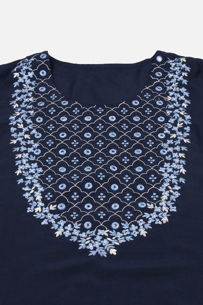 Women's Silk Blend Blue Embroidered Regular Fit Kurta