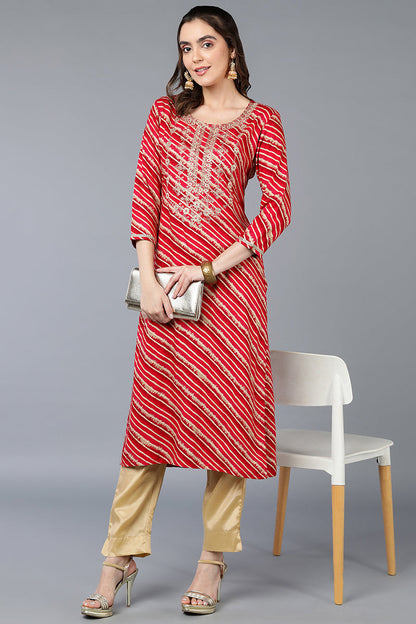 Women's Viscose Rayon Rani Pink Laheriya Printed Regular Fit Kurta