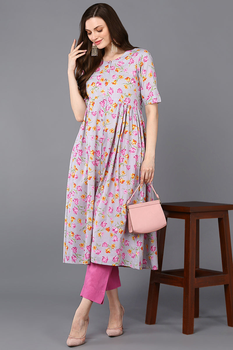 Women's Cotton Grey Floral Printed Flared Kurta