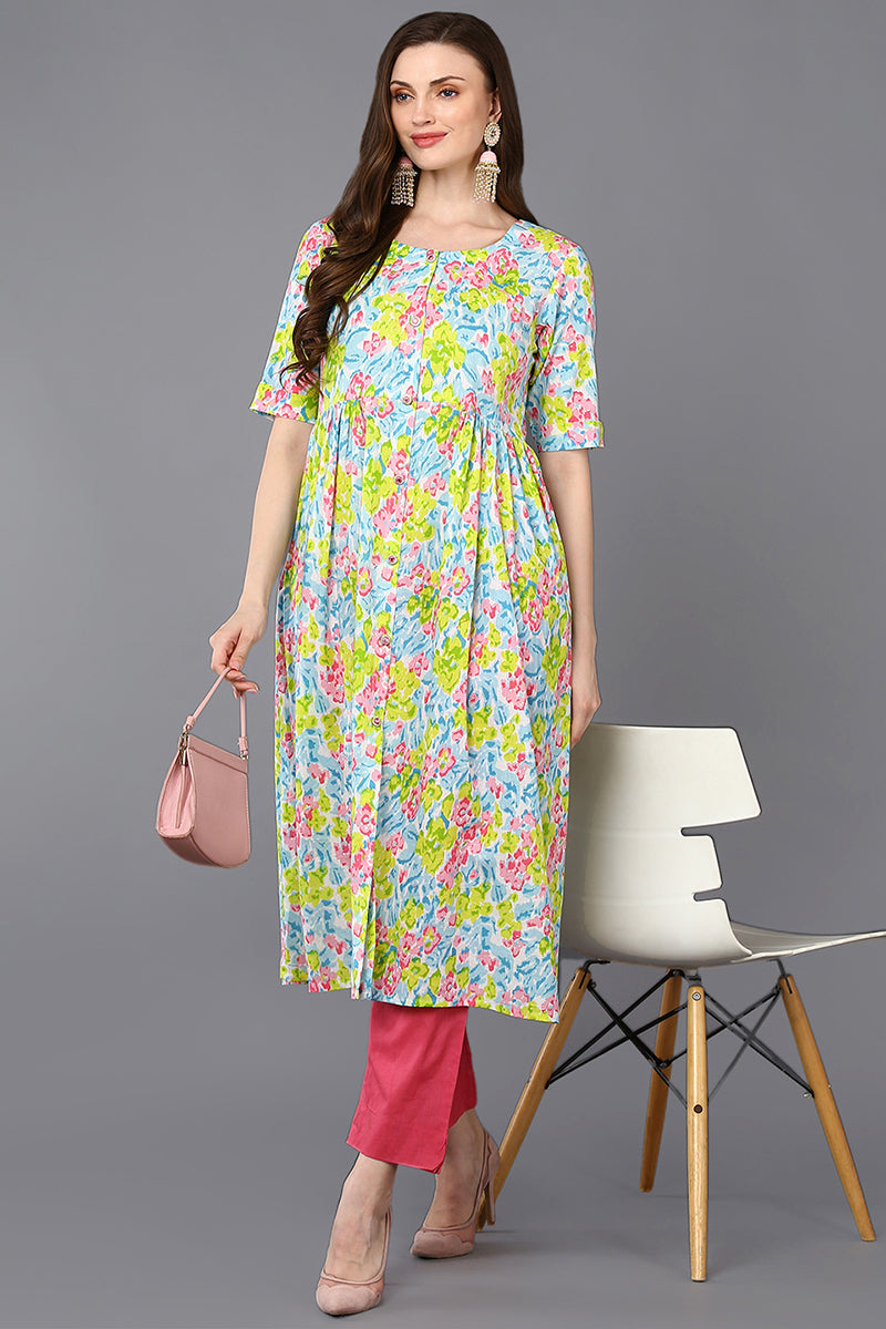 Women's Cotton Multicolored Floral Printed Flared Kurta