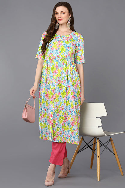 Women's Cotton Multicolored Floral Printed Flared Kurta