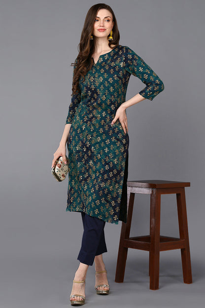 Women's Silk Blend Blue Printed Regular Fit Kurta