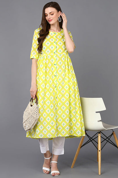 Women's Cotton Yellow Printed Flared Kurta