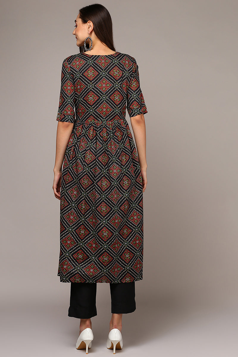 Women's Black Cotton Bandhani A-Line Kurta