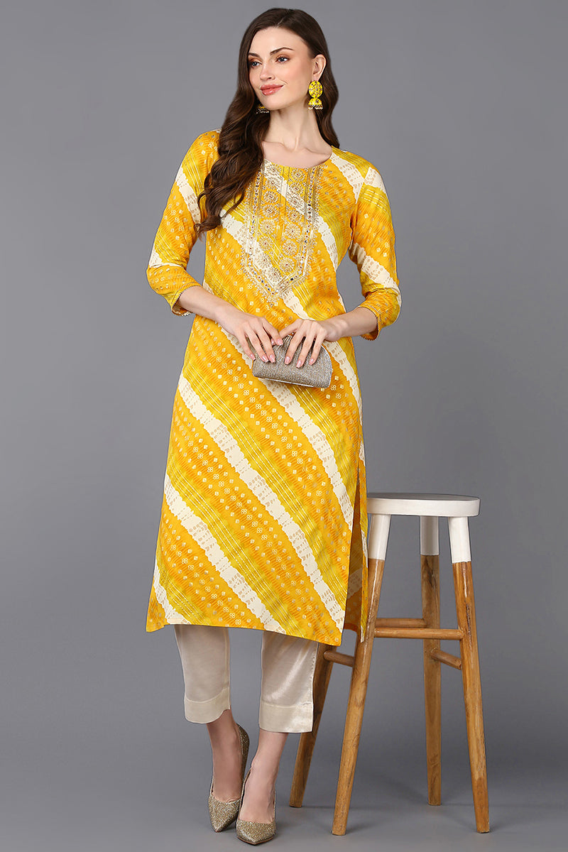 Women's Viscose Rayon Yellow Laheriya Printed Regular Fit Kurta