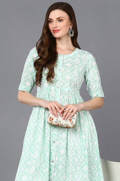 Women's Cotton Green Printed Flared Kurta