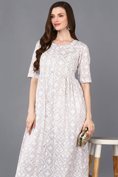Women's Cotton Grey Printed Flared Kurta