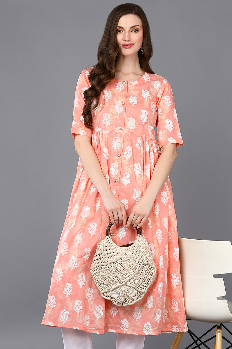 Women's Cotton Peach Floral Printed Flared Kurta