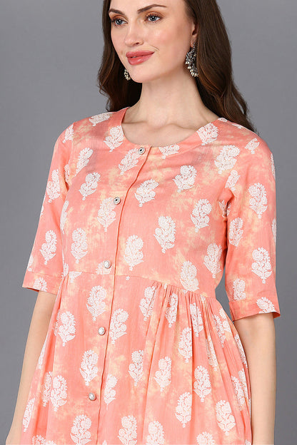 Women's Cotton Peach Floral Printed Flared Kurta