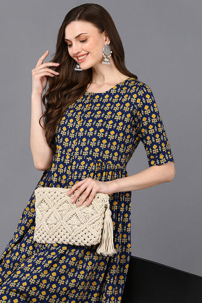 Women's Cotton Blue Printed Flared Kurta