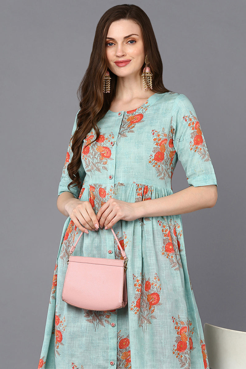 Women's Cotton Aqua Green Printed Flared Kurta