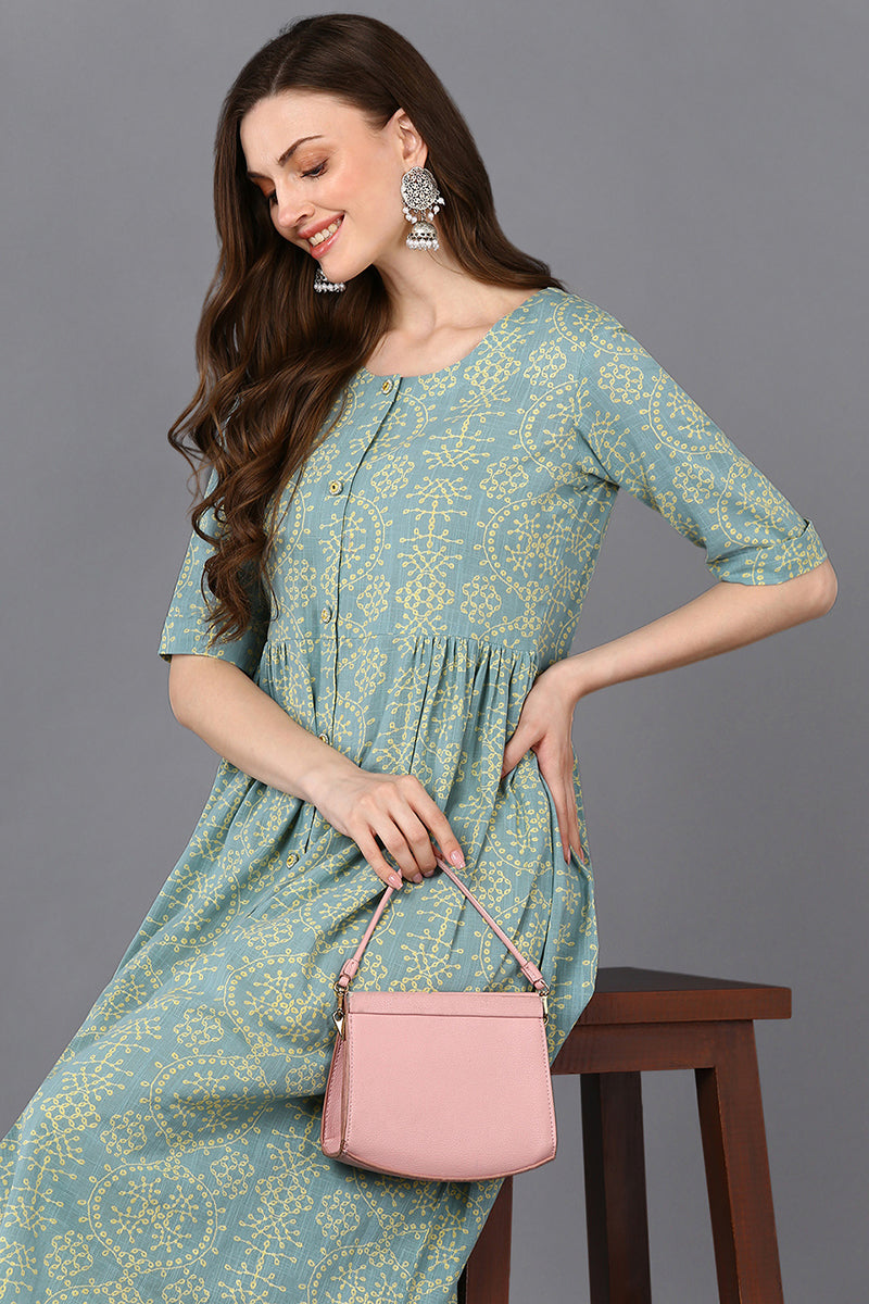 Women's Cotton Aqua Green Printed Flared Kurta