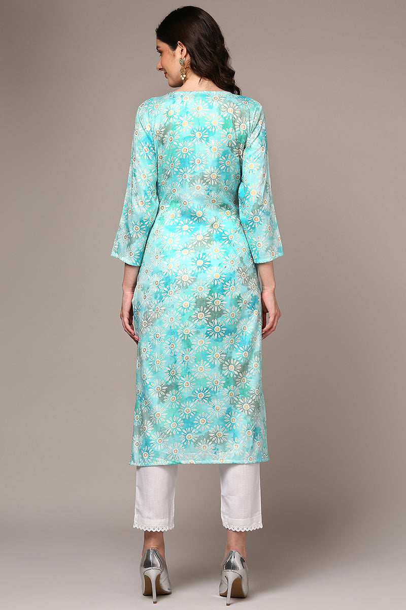 Women's Blue Viscose Rayon Embroidered Kurta