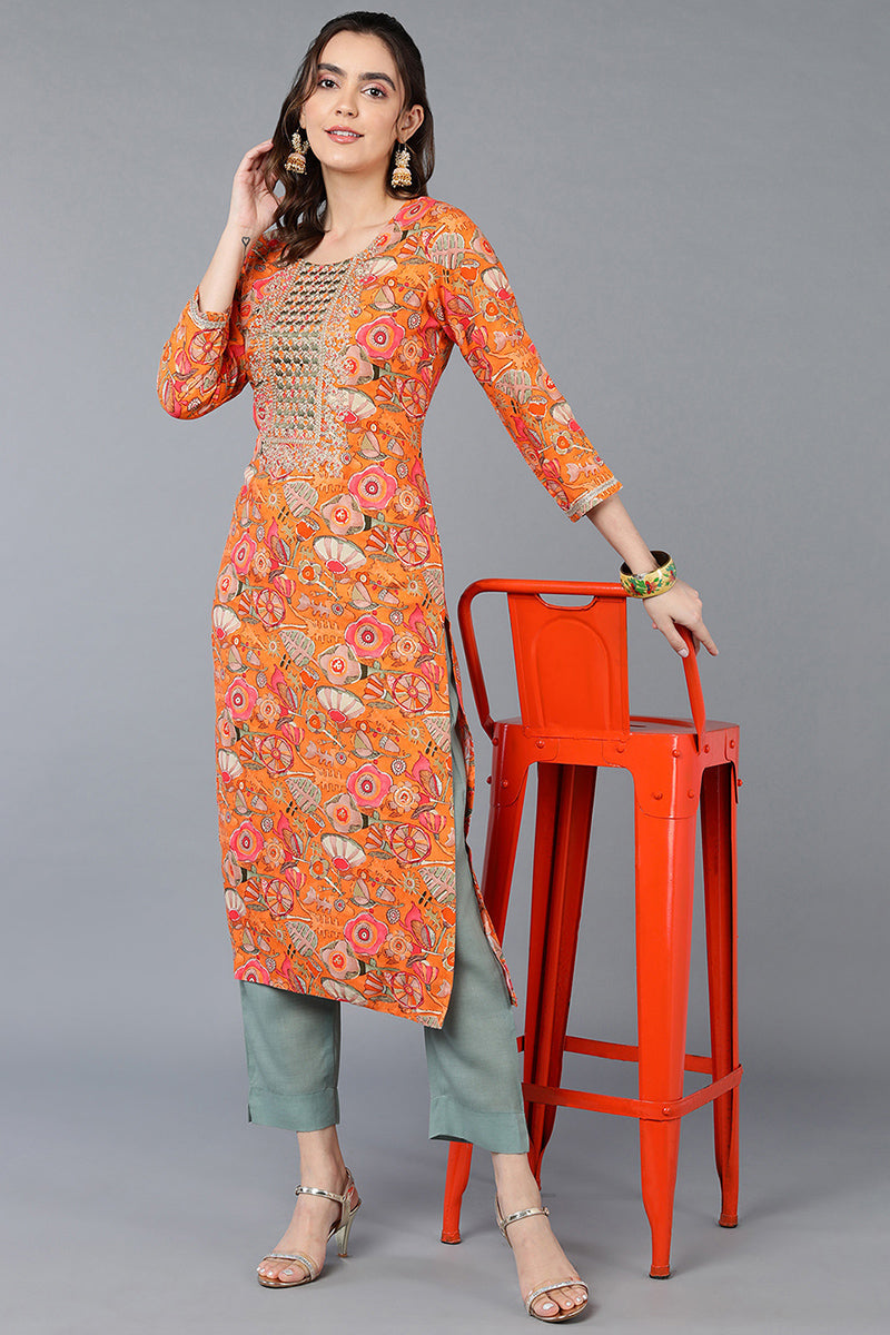 Women's Viscose Rayon Orange Floral Printed Regular Fit Kurta
