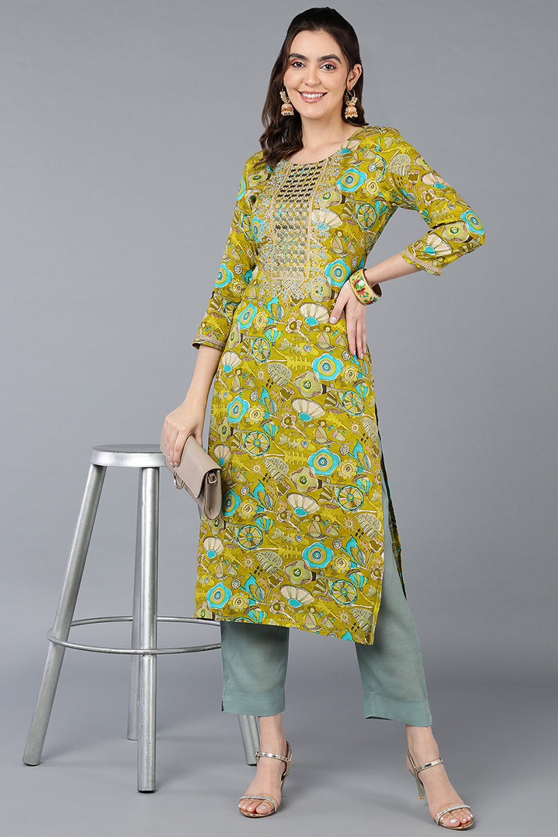 Women's Viscose Rayon Green Floral Printed Regular Fit Kurta