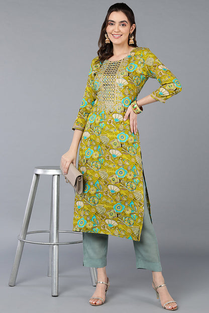 Women's Viscose Rayon Green Floral Printed Regular Fit Kurta