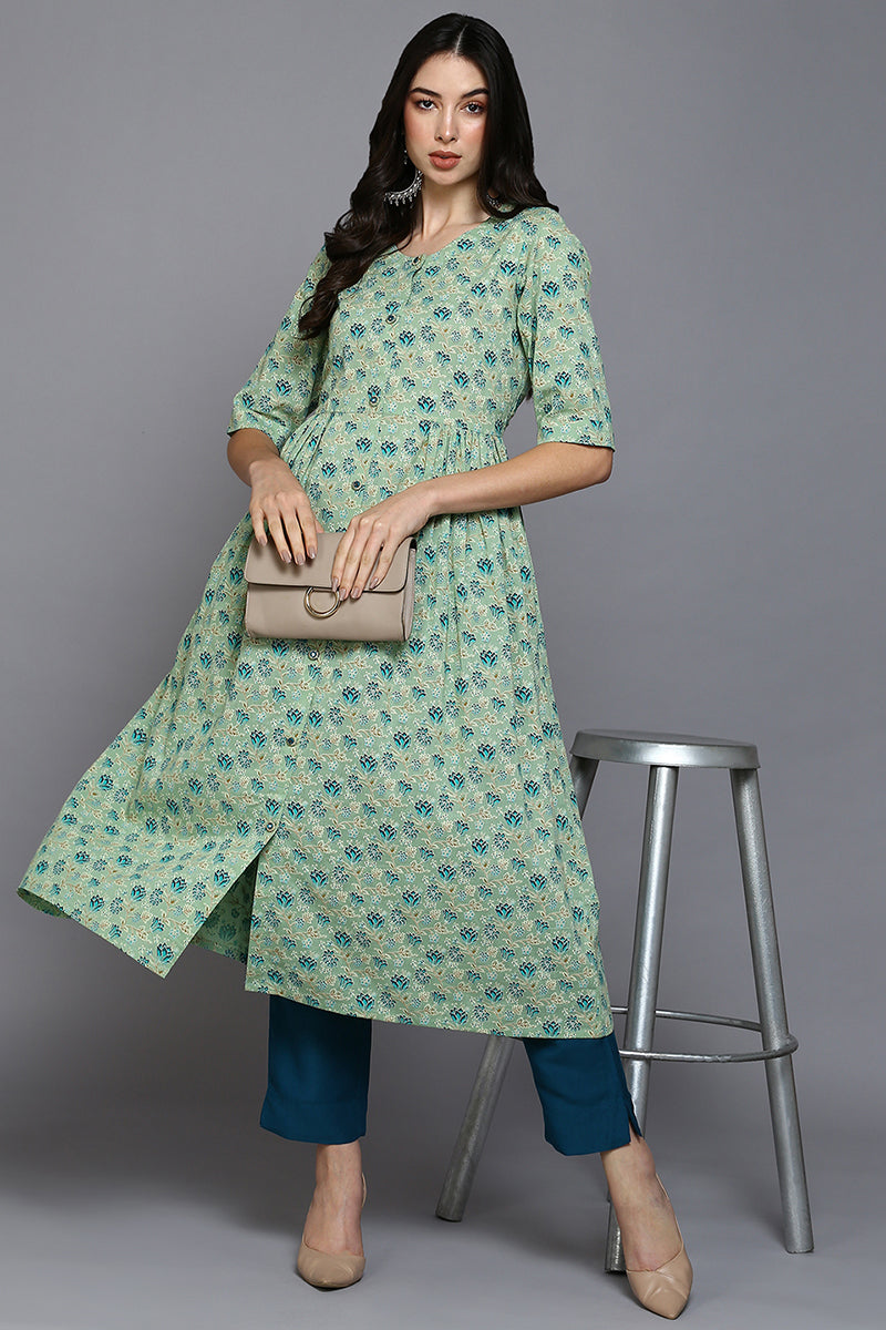 Women's Cotton Pista Floral Printed Flared Kurta