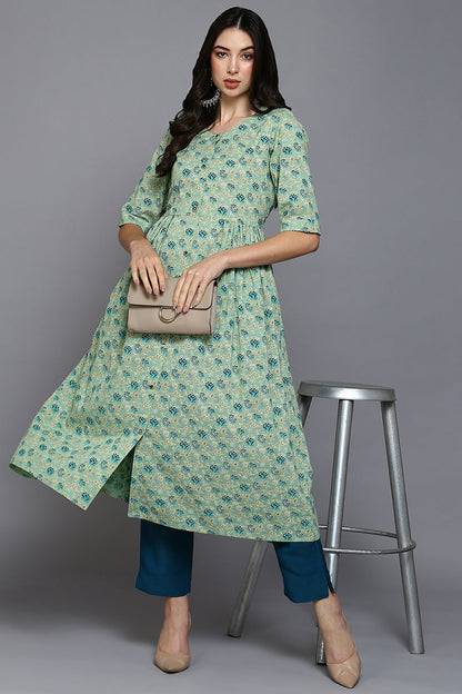Women's Cotton Pista Floral Printed Flared Kurta