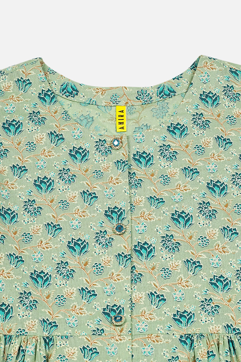 Women's Cotton Pista Floral Printed Flared Kurta