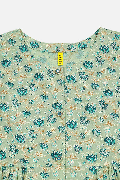 Women's Cotton Pista Floral Printed Flared Kurta